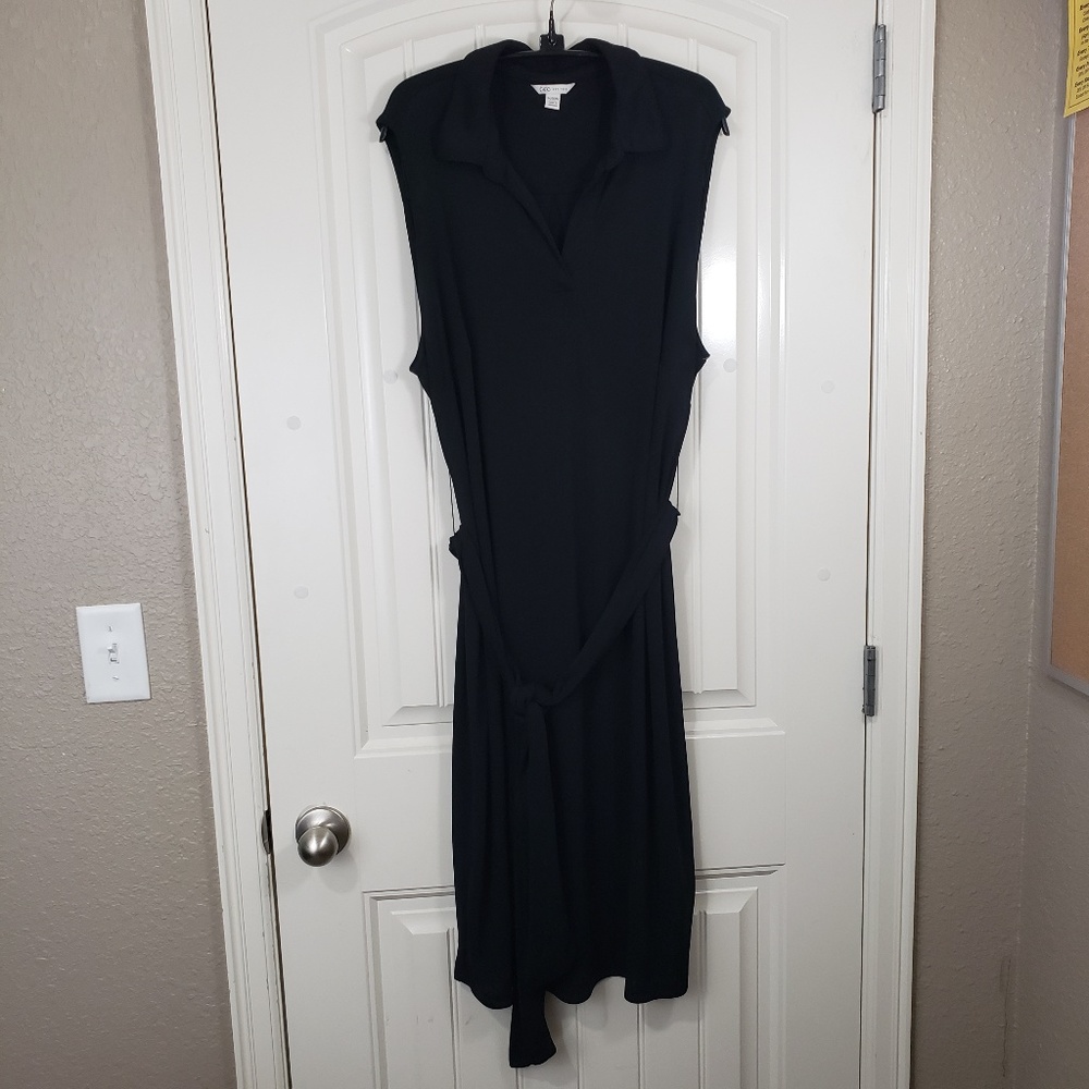 CATO Black Split Neck Collared Shift Dress w/ Sash